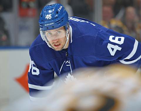 TORONTO, ON – APRIL 29: Ilya Lyubushkin #46 of the Toronto Maple Leafs waits for a faceoff against the Boston Bruins during an NHL game at Scotiabank Arena on April 29, 2022 in Toronto, Ontario, Canada. The Maple Leafs defeated the Bruins 5-2. (Photo by Claus Andersen/Getty Images)