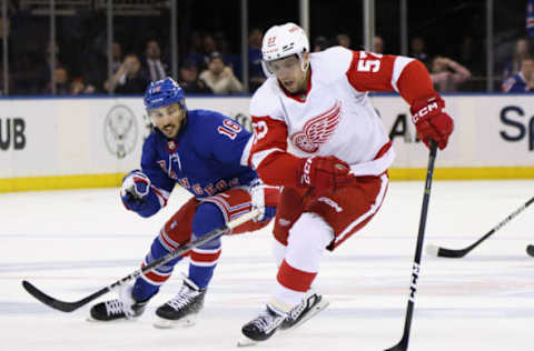 NEW YORK, NEW YORK – NOVEMBER 06: David Perron #57 of the Detroit Red Wings skates against the New York Rangers at Madison Square Garden on November 06, 2022 in New York City. (Photo by Bruce Bennett/Getty Images)