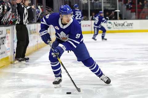 CLEVELAND, OH – NOVEMBER 28: Toronto Marlies left wing Trevor Moore (9) controls the puck during the third period of the American Hockey League game between the Toronto Marlies and Cleveland Monsters on November 28, 2018, at Quicken Loans Arena in Cleveland, OH. (Photo by Frank Jansky/Icon Sportswire via Getty Images)