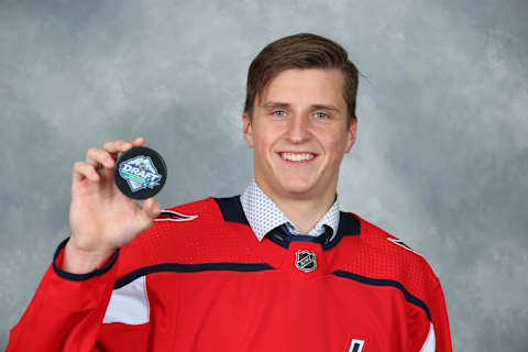 VANCOUVER, BRITISH COLUMBIA – JUNE 22: Aliaksei Protas, 91st overall pick of the Washington Capitals, poses for a portrait during Rounds 2-7 of the 2019 NHL Draft at Rogers Arena on June 22, 2019 in Vancouver, Canada. (Photo by Andre Ringuette/NHLI via Getty Images)