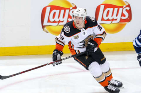 WINNIPEG, MB – JANUARY 13: Jakob Silfverberg #33 of the Anaheim Ducks keeps an eye on the play during second period action against the Winnipeg Jets at the Bell MTS Place on January 13, 2019 in Winnipeg, Manitoba, Canada. The Jets defeated the Ducks 4-3 in overtime. (Photo by Jonathan Kozub/NHLI via Getty Images)