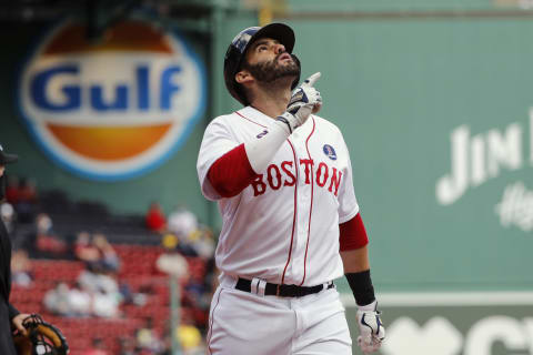 Apr 19, 2021; Boston, Massachusetts, USA; Boston Red Sox left fielder J.D. Martinez (28) points skyward after his solo home run against the Chicago White Sox during the second inning at Fenway Park. Mandatory Credit: Winslow Townson-USA TODAY Sports