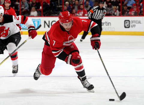 RALEIGH, NC – MARCH 2: Derek Ryan #7 of the Carolina Hurricanes skates with the puck during an NHL game against the New Jersey Devils on March 2, 2018 at PNC Arena in Raleigh, North Carolina. (Photo by Gregg Forwerck/NHLI via Getty Images)