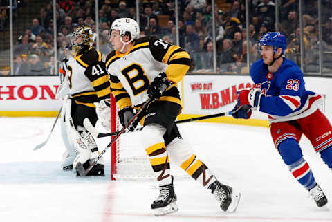 BOSTON, MA – MARCH 27: Boston Bruins right defenseman Charlie McAvoy (73) skates away from New York Rangers winger Connor Brickley (23) during a game between the Boston Bruins and the New York Rangers on March 27, 2019, at TD Garden in Boston, Massachusetts. (Photo by Fred Kfoury III/Icon Sportswire via Getty Images)