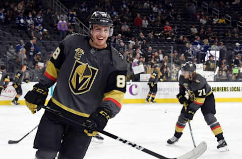 LAS VEGAS, NV – DECEMBER 31: Nate Schmidt #88 of the Vegas Golden Knights smiles as he warms up before a game against the Toronto Maple Leafs at T-Mobile Arena on December 31, 2017, in Las Vegas, Nevada. The Golden Knights won 6-3. (Photo by Ethan Miller/Getty Images)