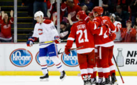 Detroit Red Wings center Dylan Larkin (71) receives congratulations from teammates (Rick Osentoski-USA TODAY Sports)