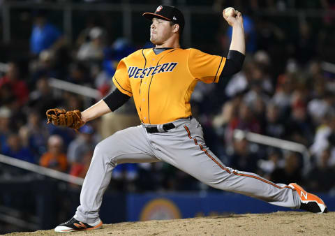 TRENTON, NJ – JULY 11: Keeegan Akin #41 of the Western Division All Stars in action during the 2018 Eastern League All Star Game at Arm & Hammer Park on July 11, 2018 in Trenton, New Jersey. (Photo by Mark Brown/Getty Images)