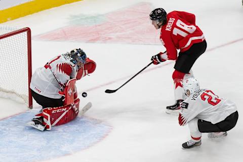 Peyton Krebs #18 of Canada. (Photo by Codie McLachlan/Getty Images)