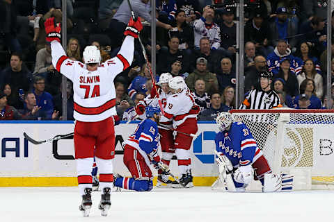 Carolina Hurricanes left wing Teuvo Teravainen (86) celebrates after scoring a goal against New York Rangers Credit: Tom Horak-USA TODAY Sports