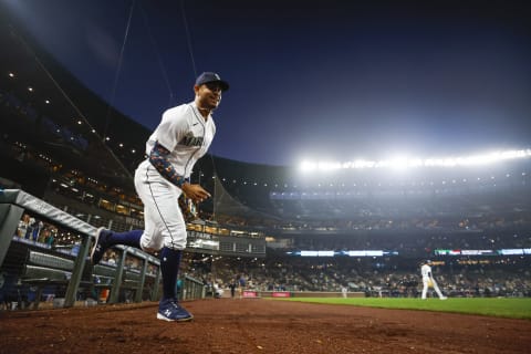 Oct 4, 2022; Seattle, Washington, USA; Seattle Mariners center fielder Julio Rodriguez (44) runs out of the dugout before the first inning against the Detroit Tigers at T-Mobile Park. Mandatory Credit: Joe Nicholson-USA TODAY Sports