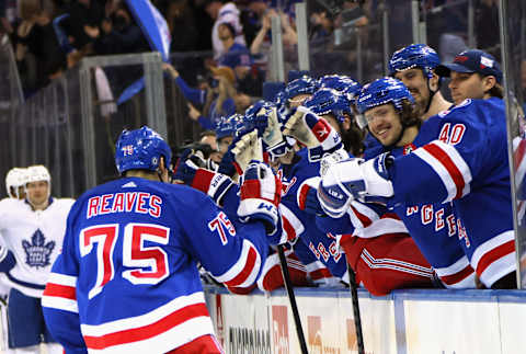 NEW YORK, NEW YORK – JANUARY 19: Ryan Reaves #75 of the New York Rangers celebrates his second goal of the game against the Toronto Maple Leafs during the second period at Madison Square Garden on January 19, 2022 in New York City. (Photo by Bruce Bennett/Getty Images)