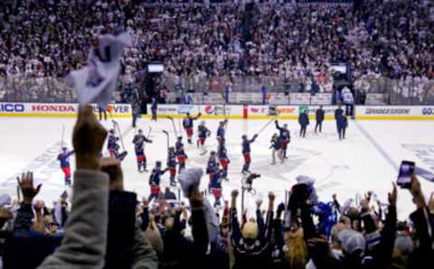 COLUMBUS, OH – APRIL 16: The Columbus Blue Jackets celebrate after Game Four of the Eastern Conference First Round during the 2019 NHL Stanley Cup Playoffs against the Tampa Bay Lightning on April 16, 2019 at Nationwide Arena in Columbus, Ohio. Columbus defeated Tampa Bay 7-3 to win the series 4-0. (Photo by Kirk Irwin/Getty Images)