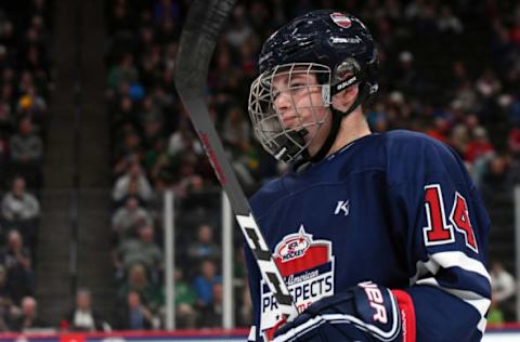 ST. PAUL, MN – SEPTEMBER 19: Team Leopold forward Cole Caufield (14) skates to the bench during the USA Hockey All-American Prospects Game between Team Leopold and Team Langenbrunner on September 19, 2018 at Xcel Energy Center in St. Paul, MN. Team Leopold defeated Team Langenbrunner 6-4.(Photo by Nick Wosika/Icon Sportswire via Getty Images)