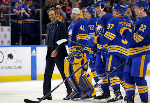 Jan 19, 2023; Buffalo, New York, USA; Former Buffalo Sabres goalie Ryan Miller celebrates his teams win against the New York Islanders at KeyBank Center. Mandatory Credit: Timothy T. Ludwig-USA TODAY Sports