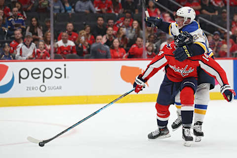 WASHINGTON, DC – SEPTEMBER 18: Richard Panik #14 of the Washington Capitals skates past Vince Dunn #29 of the St. Louis Blues during the second period of a preseason NHL game at Capital One Arena on September 18, 2019 in Washington, DC. (Photo by Patrick Smith/Getty Images)