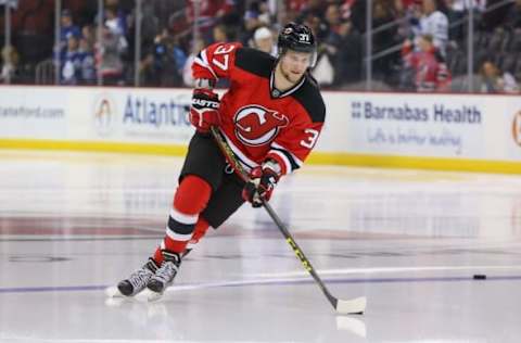 Apr 9, 2016; Newark, NJ, USA; New Jersey Devils center Pavel Zacha (37) skates in warmups before his first NHL game against the Toronto Maple Leafs at Prudential Center. Mandatory Credit: Ed Mulholland-USA TODAY Sports