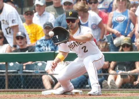 Jun 21, 2023; Pittsburgh, Pennsylvania, USA; Pittsburgh Pirates first baseman Connor Joe (2) takes throw to record an out against the Chicago Cubs during the second inning at PNC Park. Mandatory Credit: Charles LeClaire-USA TODAY Sports