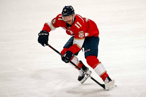 SUNRISE, FL – NOVEMBER 30: Jonathan Huberdeau #11 of the Florida Panthers skates for position against the Buffalo Sabres at the BB&T Center on November 30, 2018 in Sunrise, Florida. (Photo by Eliot J. Schechter/NHLI via Getty Images)