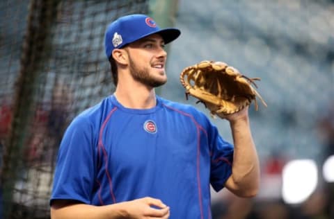 Nov 2, 2016; Cleveland, OH, USA; Chicago Cubs third baseman Kris Bryant before game seven of the 2016 World Series against the Cleveland Indians at Progressive Field. Mandatory Credit: Charles LeClaire-USA TODAY Sports