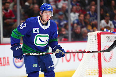 VANCOUVER, BC – DECEMBER 17: Vancouver Canucks Defenceman Quinn Hughes (43) on ice against the Montreal Canadiens during their NHL game at Rogers Arena on December 17, 2019 in Vancouver, British Columbia, Canada. (Photo by Devin Manky/Icon Sportswire via Getty Images)