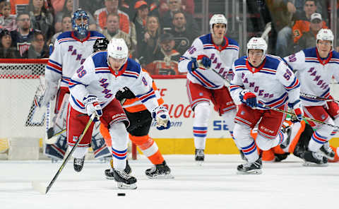 PHILADELPHIA, PA – APRIL 07: Pavel Buchnevich #89 of the New York Rangers skates the puck against the Philadelphia Flyers on April 7, 2018 at the Wells Fargo Center in Philadelphia, Pennsylvania. (Photo by Len Redkoles/NHLI via Getty Images)