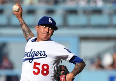 Aug 7, 2016; Los Angeles, CA, USA; Los Angeles Dodgers relief pitcher Jesse Chavez (58) in the fifth inning of the game against the Boston Red Sox at Dodger Stadium. Mandatory Credit: Jayne Kamin-Oncea-USA TODAY Sports