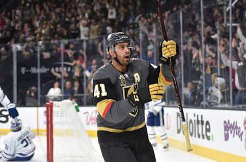 LAS VEGAS, NV – DECEMBER 31: Pierre-Edouard Bellemare #41 of the Vegas Golden Knights celebrates after scoring a goal against the Toronto Maple Leafs during the game at T-Mobile Arena on December 31, 2017, in Las Vegas, Nevada. (Photo by David Becker/NHLI via Getty Images)