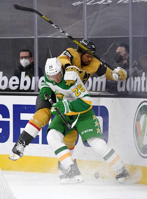 LAS VEGAS, NEVADA – MARCH 03: Ryan Reaves #75 of the Vegas Golden Knights and Jonas Brodin   (Photo by Ethan Miller/Getty Images)