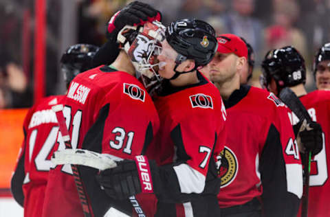 OTTAWA, ON – APRIL 06: Ottawa Senators Left Wing Brady Tkachuk (7) hugs Ottawa Senators Goalie Anders Nilsson (31) after National Hockey League action between the Columbus Blue Jackets and Ottawa Senators on April 6, 2019, at Canadian Tire Centre in Ottawa, ON, Canada. (Photo by Richard A. Whittaker/Icon Sportswire via Getty Images)