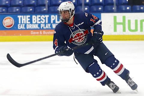 PLYMOUTH, MICHIGAN – JANUARY 17: Frank Nazar III #14 of Team Blue skates the ice in the second period of the USA Hockey All-American Game at USA Hockey Arena on January 17, 2022 in Plymouth, Michigan. (Photo by Mike Mulholland/Getty Images)