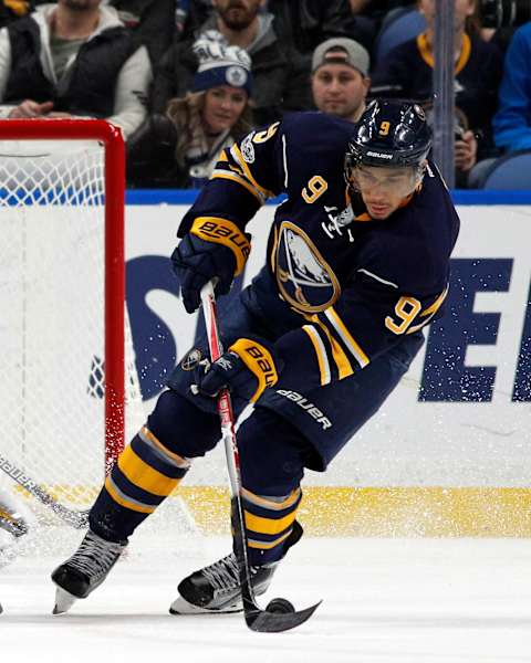 Mar 25, 2017; Buffalo, NY, USA; Buffalo Sabres left wing Evander Kane (9) during the game against the Toronto Maple Leafs at KeyBank Center. Mandatory Credit: Kevin Hoffman-USA TODAY Sports