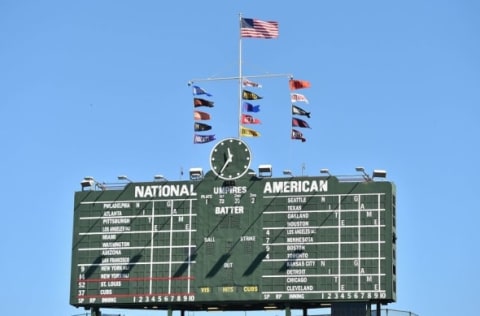 Sep 19, 2015; Chicago, IL, USA; A general view of the centerfield scoreboard at Wrigley Field during the game between the Chicago Cubs and the St. Louis Cardinals. Mandatory Credit: Jasen Vinlove-USA TODAY Sports