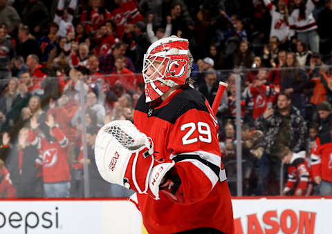 Mackenzie Blackwood #29 of the New Jersey Devils. (Photo by Elsa/Getty Images)