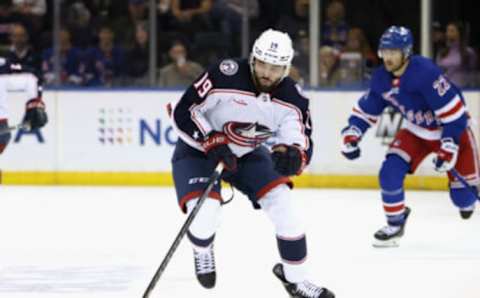 NEW YORK, NEW YORK – OCTOBER 23: Liam Foudy #19 of the Columbus Blue Jackets skates against the New York Rangers at Madison Square Garden on October 23, 2022 in New York City. The Blue Jackets defeated the Rangers 5-1. (Photo by Bruce Bennett/Getty Images)