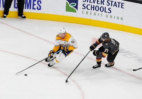 LAS VEGAS, NV – OCTOBER 15: Nashville Predators center Ryan Johansen (92) controls the puck during the second period of a regular season game between the Nashville Predators and the Vegas Golden Knights Tuesday, Oct. 15, 2019, at T-Mobile Arena in Las Vegas, Nevada. (Photo by: Marc Sanchez/Icon Sportswire via Getty Images)