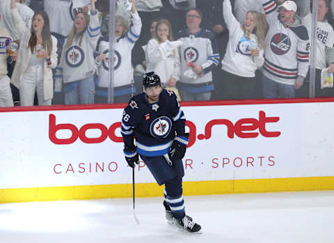 WINNIPEG, CANADA – APRIL 24: Blake Wheeler, #26 of the Winnipeg Jets, celebrates his goal during action against the Vegas Golden Knights in the first period of Game Four of the First Round of the 2023 Stanley Cup Playoffs on April 24, 2023, at Canada Life Centre in Winnipeg, Manitoba, Canada. (Photo by Jason Halstead/Getty Images)