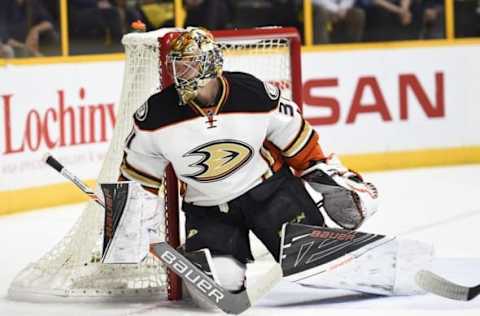 Apr 25, 2016; Nashville, TN, USA; Anaheim Ducks goalie Frederik Andersen (31) reacts after a save during the first period against the Nashville Predators in game six of the first round of the 2016 Stanley Cup Playoffs at Bridgestone Arena. Mandatory Credit: Christopher Hanewinckel-USA TODAY Sports