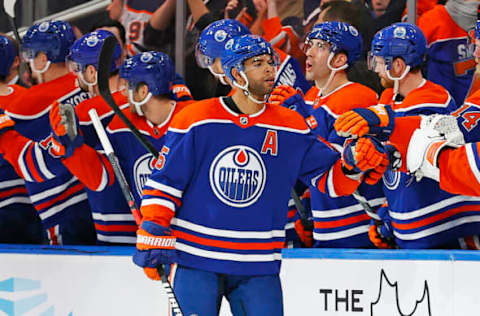 Apr 1, 2023; Edmonton, Alberta, CAN; Edmonton Oilers defenseman Darnell Nurse (25) celebrates after scoring a goal during the second period against the Anaheim Ducks at Rogers Place. Mandatory Credit: Perry Nelson-USA TODAY Sports