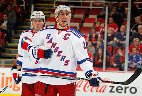 DETROIT, MI – MARCH 12: Ryan McDonagh #27 and J.T. Miller #10 of the New York Rangers skate against the Detroit Red Wings at Joe Louis Arena on March 12, 2016 in Detroit, Michigan. (Photo by Gregory Shamus/Getty Images) *** Local Caption ***