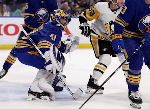 Mar 23, 2022; Buffalo, New York, USA; Buffalo Sabres goaltender Craig Anderson (41) watches for the puck during the first period against the Pittsburgh Penguins at KeyBank Center. Mandatory Credit: Timothy T. Ludwig-USA TODAY Sports