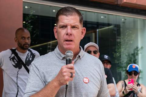 NEW YORK, UNITED STATES – 2023/07/26: Executive Director NHL (National Hockey League) Players Association Marty Walsh speaks as striking members of Writers Guild of America picketing in front of CBS Broadcast Center on theme Sport Writers Picket. Executives from NHL Players Association, NFL Players Association, MLB Players Association joined and spoke during picket. (Photo by Lev Radin/Pacific Press/LightRocket via Getty Images)