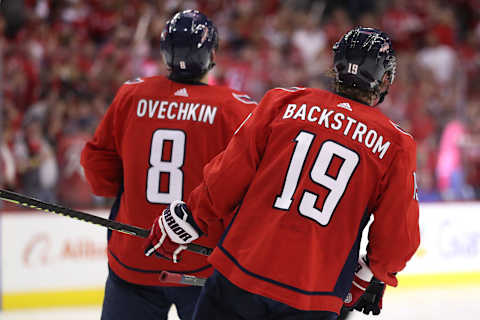 WASHINGTON, DC – APRIL 20: Alex Ovechkin #8 of the Washington Capitals and Nicklas Backstrom #19 of the Washington Capitals look on against the Carolina Hurricanes in the third period in Game Five of the Eastern Conference First Round during the 2019 NHL Stanley Cup Playoffs at Capital One Arena on April 20, 2019 in Washington, DC. (Photo by Patrick Smith/Getty Images)