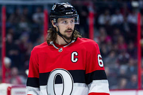 OTTAWA, ON – FEBRUARY 17: Ottawa Senators Defenceman Erik Karlsson (65) waits for a face-off during second period National Hockey League action between the New York Rangers and Ottawa Senators on February 17, 2018, at Canadian Tire Centre in Ottawa, ON, Canada. (Photo by Richard A. Whittaker/Icon Sportswire via Getty Images)