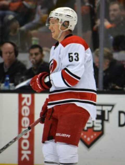 Dec 11, 2015; Anaheim, CA, USA; Carolina Hurricanes left wing Jeff Skinner (53) celebrates after scoring his third goal in the third period during an NHL hockey game against the Anaheim Ducks at the Honda Center. The Hurricanes defeated the Ducks 5-1. Mandatory Credit: Kirby Lee-USA TODAY Sports