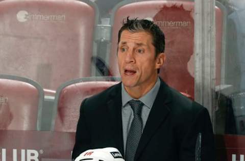 SUNRISE, FL – NOVEMBER 6: Head coach Rod Brind’Amour of the Carolina Hurricanes looks on during third-period action against the Florida Panthers at the FLA Live Arena on November 6, 2021, in Sunrise, Florida. (Photo by Joel Auerbach/Getty Images)