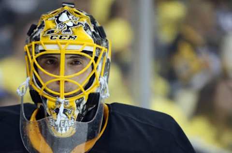 Apr 12, 2017; Pittsburgh, PA, USA; Pittsburgh Penguins goalie Marc-Andre Fleury (29) looks on against the Columbus Blue Jackets during the third period in game one of the first round of the 2017 Stanley Cup Playoffs at PPG PAINTS Arena. The Penguins won 3-1. Mandatory Credit: Charles LeClaire-USA TODAY Sports