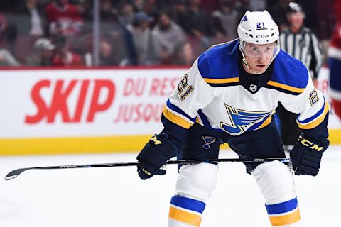 MONTREAL, QC – OCTOBER 17: Look on St. Louis Blues center Tyler Bozak (21) during the St. Louis Blues versus the Montreal Canadiens game on October 17, 2018, at Bell Centre in Montreal, QC (Photo by David Kirouac/Icon Sportswire via Getty Images)