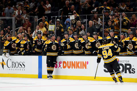 BOSTON, MASSACHUSETTS – SEPTEMBER 23: Jakub Lauko #94 of the Boston Bruins celebrates with teammates after scoring a goal during the first period of the preseason game between the Philadelphia Flyers and the Boston Bruins at TD Garden on September 23, 2019 in Boston, Massachusetts. (Photo by Maddie Meyer/Getty Images)