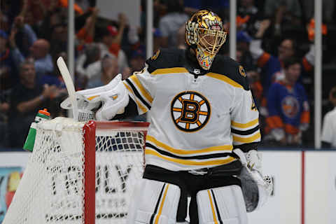 Jun 9, 2021; Uniondale, New York, USA; Boston Bruins goalie Tuukka Rask (40) reacts after a goal by New York Islanders right wing Kyle Palmieri (not pictured) during the second period of game six of the second round of the 2021 Stanley Cup Playoffs at Nassau Veterans Memorial Coliseum. Mandatory Credit: Brad Penner-USA TODAY Sports