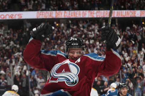 DENVER, CO – APRIL 16: Blake Comeau #14 of the Colorado Avalanche celebrates a goal against the Nashville Predators in Game Three of the Western Conference First Round during the 2018 NHL Stanley Cup Playoffs at the Pepsi Center on April 16, 2018 in Denver, Colorado. (Photo by Michael Martin/NHLI via Getty Images)